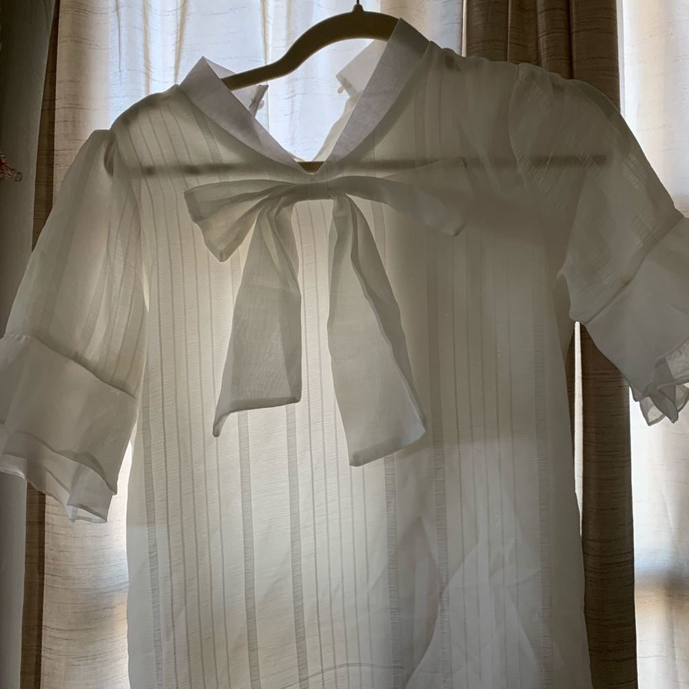 White front bow tie blouse